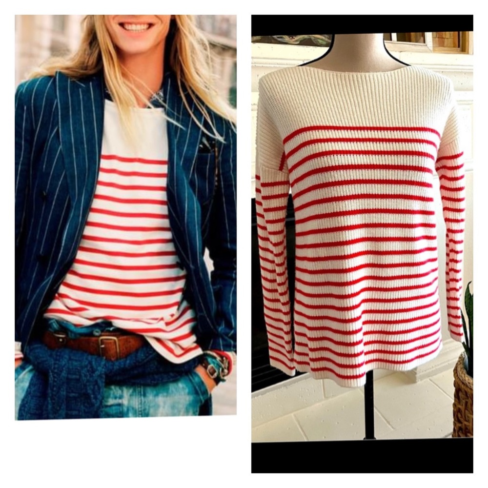Gap Women's Size M Red Off-White Stripe Boat Neck Sweater Long Sleeve Pullover